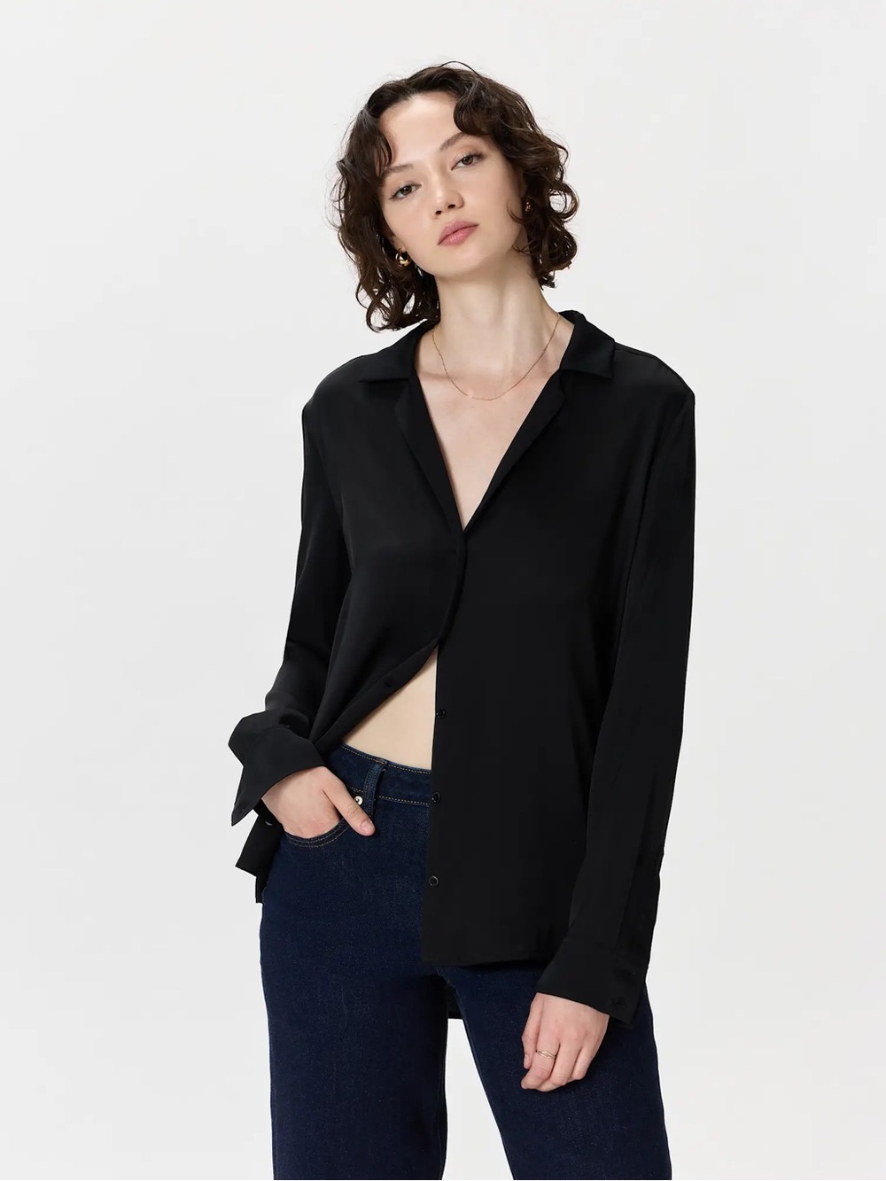 Quince - Washable Silk Notched Collar Long-Sleeve Button-Front Shirt Black